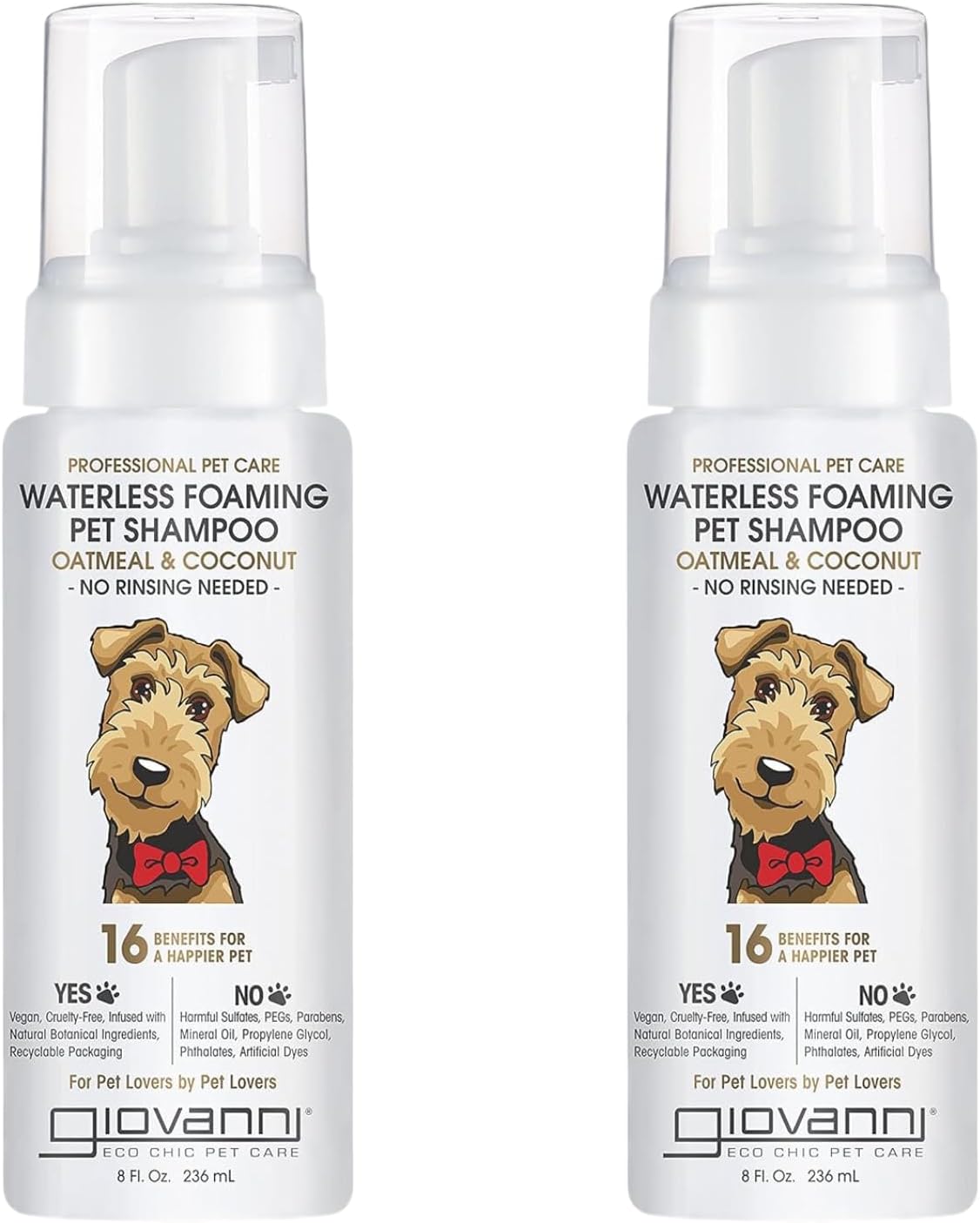 Giovanni Professional Foaming Waterless Pet Shampoo - Oatmeal & Coconut Helps Neutralize Odors, Cleanses, Silkens, Controls Static, Freshens Fur - 8 Oz (Pack Of 2)