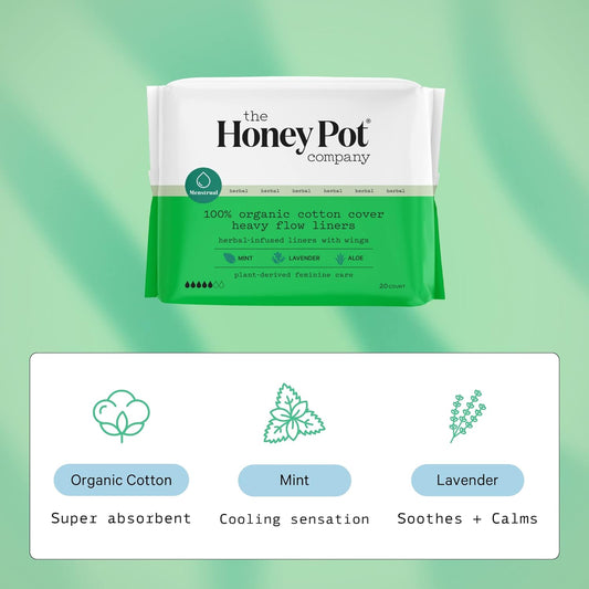 The Honey Pot Company - Herbal Heavy Flow Panty Liners - Organic Pads for Women - Infused w/Essential Oils for Cooling Effect, Organic Cotton Cover, & Ultra-Absorbent Pulp Core - Feminine Care - 20ct