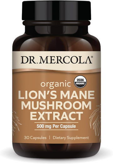 Dr. Mercola Organic Lion's Mane Mushroom Extract, 30 Servings (30 Capsules), 500 mg Per Capsule, Dietary Supplement, Supports Mental Focus & Cognitive Health, Non-GMO, Certified USDA Organic