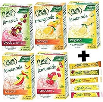 True Lemon Assorted Beverage Pack: (5Boxes 10Ct Each) With 5 Free Bonus Sticks Of Lemonade! True Lemon Original True Peach Lemonade, True Black Cherry Limeade, True Mango Orange And True Raspberry Assorted True Lemonade Drink Mixes