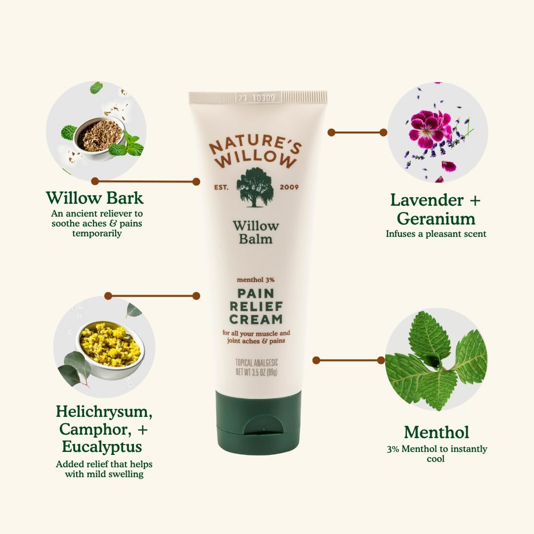 Nature'S Willow Willow Balm Natural Pain Relief Cream For Muscles & Joints | Fast-Acting With Willow Bark & Menthol | Free From Artificial Fragrances & Dyes | 3-Pack | 3.5 Fl Oz : Health & Household