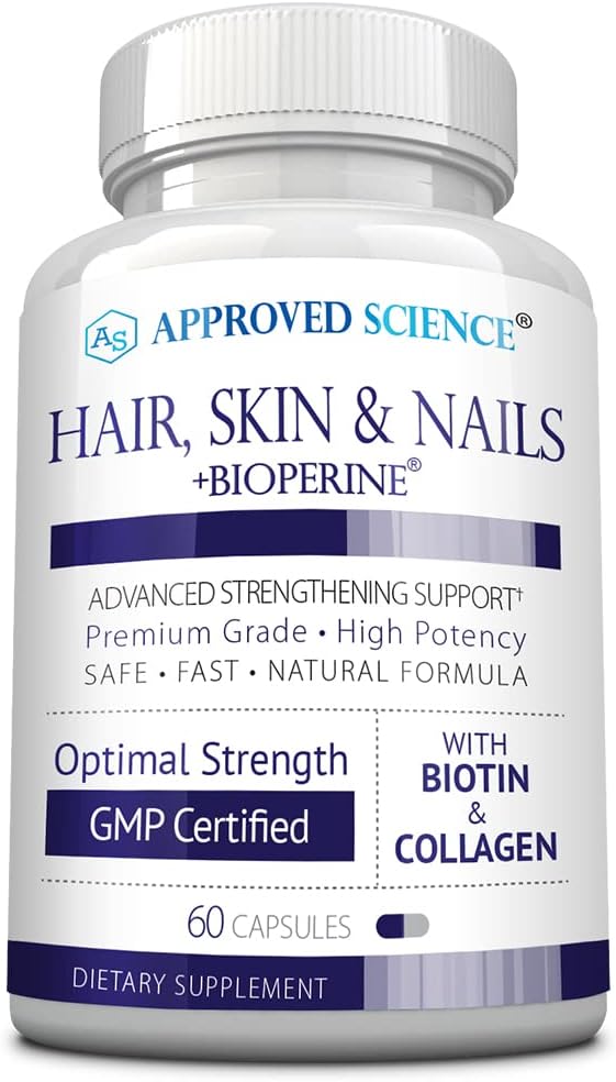 Approved Science Hair, Skin and Nails - Support Supplement - Biotin, Collagen, Vitamin B Complex, Silica, BioPerine - 60 Capsules - 1 Month Supply