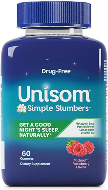 Unisom Simple Slumbers Drug Free Sleep Aid Gummies Melatonin 5Mg Midnight Raspberry, Purple, 60 Count