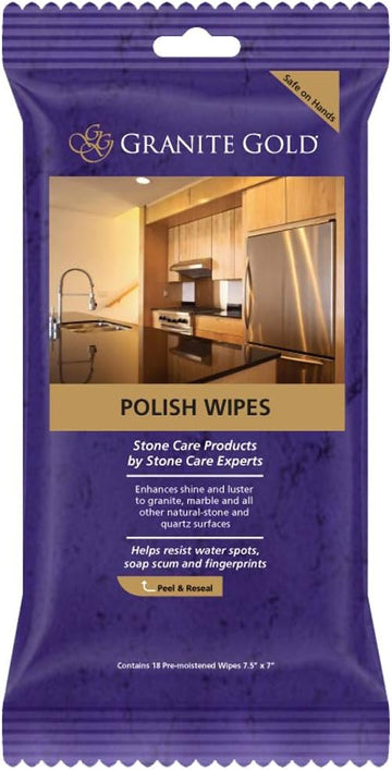 Granite Gold Polish Wipes Streak-Free Shine for Granite, Quartz, Marble, Travertine, Natural Stone Countertops, 18 Count, 1-Pack