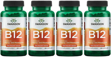 Swanson Vitamin B12 (Cyanocobalamin) - 500Mcg Each, 250 Capsules - Energy, Nervous System, And Overall Wellness Support (4 Pack)