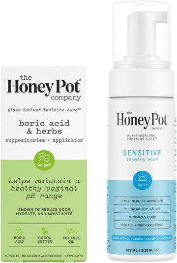 The Honey Pot Company - Suppositories & Sensitive Feminine Wash Bundle - Maintains & Balances Healthy Vaginal Ph - Herbal Infused Natural Hygiene Wash For Sensitive Skin Types - Gynecologist Approved