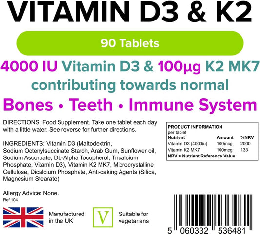 Lindens Vitamin D3 4000Iu & Mk7 K2 | 90 Tablets | Uk Made | Immune Health, Bones, Teeth, Muscle, Blood Calcium Absorption | High Strength Vitamin D & K2 Supplement | 3 Months Supply | Vegetarian
