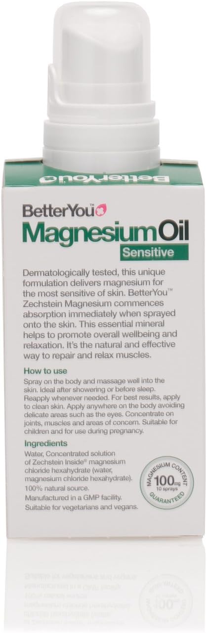 Betteryou Magnesium Sensitive Body Spray, Pure, Clean And Natural Source Of Chlorides, Spray, Vegan & Palm-Oil Free, 100 Ml (600 Sprays)