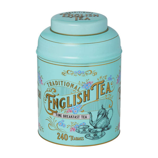 New English Teas Vintage Victorian Tea Tin With 240 English Breakfast Teabags For Tea Lovers, Forget Me Not Florals & Classic Tea Set Design