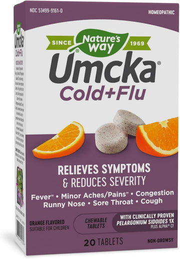 Nature'S Way Umcka Cold+Flu Homeopathic, Fever**, Sore Throat, Cough, Congestion, Minor Aches/Pains**, Phenylephrine Free, Non-Drowsy, Orange Flavored, 20 Chewable Tablets