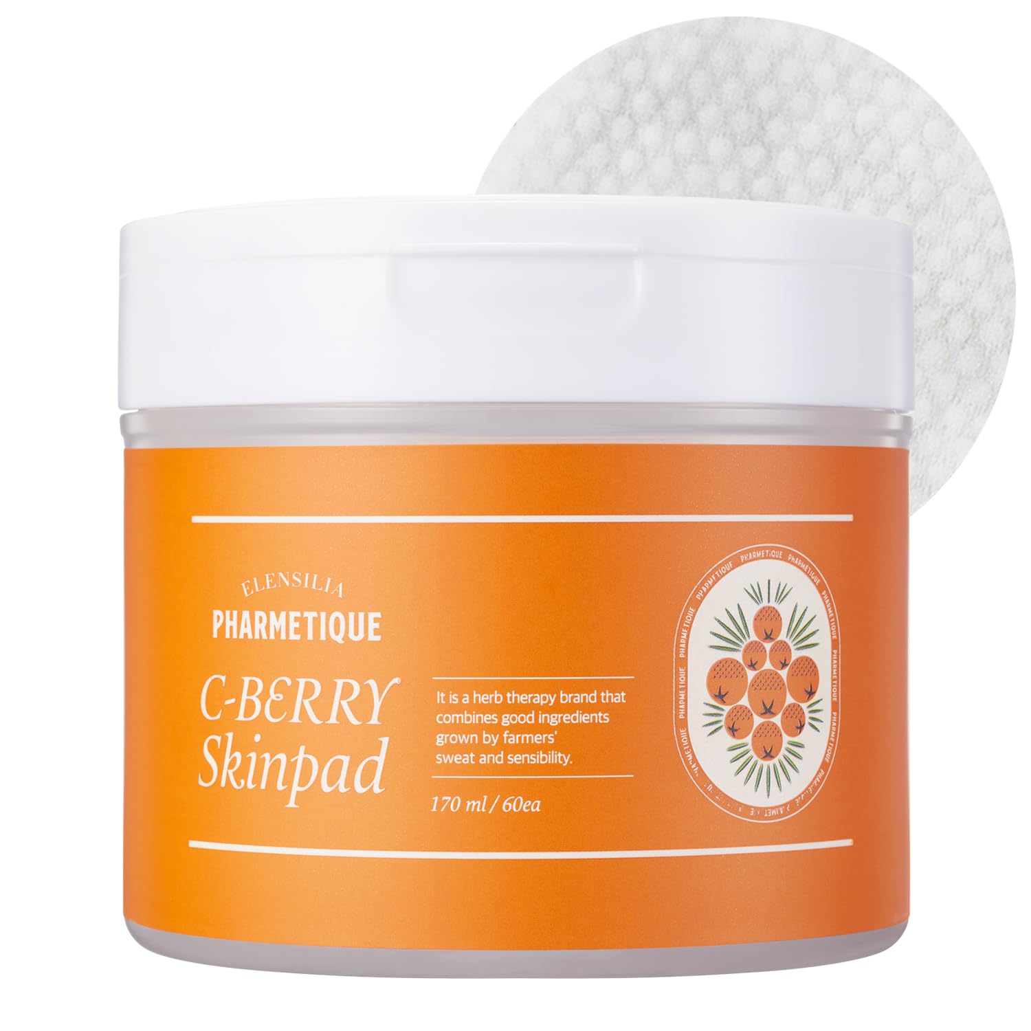 C-Berry Skin Toner Pads 60 Pcs - Sea Bucktorn(Hippophae Rhamnoides) Fruit Extract For Radiance Effect - Vitamin Capsules For Exfoliates, Detoxifies, Bigger Pads Size - Korean Skin Care