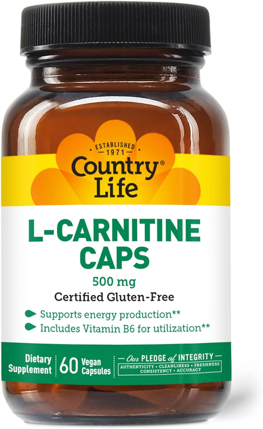 Country Life L-Carnitine Caps 500mg, 60 Capsules, Certified Gluten-Fre