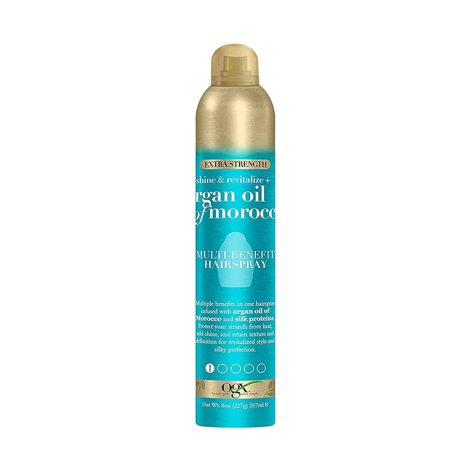 Ogx Revitalize + Argan Shine Extra Strength Multi-Benefit Heat Protection Hairspray With Argan Oil & Silk Proteins, Tame Frizz & Non-Greasy Shine, Morocco, 8 Ounce