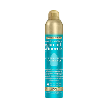 Ogx Revitalize + Argan Shine Extra Strength Multi-Benefit Heat Protection Hairspray With Argan Oil & Silk Proteins, Tame Frizz & Non-Greasy Shine, Morocco, 8 Ounce