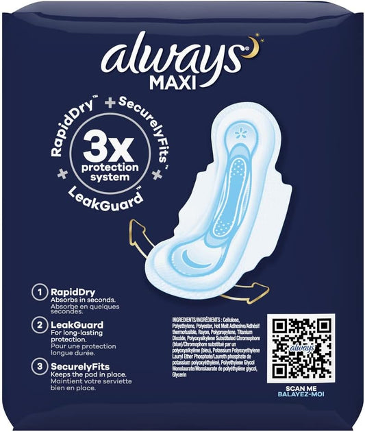 Always, Maxi Pads for Women, Size 4, Overnight Absorbency with Wings, 16 Count