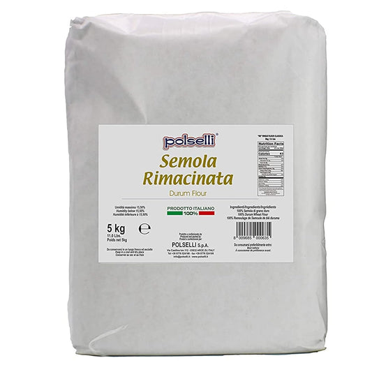 Italian Semola Flour, 11 Lbs (5 Kg), Fine Ground Semolina Rimachinata For Fresh Pasta, Bread, Grano Duro, Product Of Italy, Durum Wheat, Polselli, Unbleached, Natural, No Additives