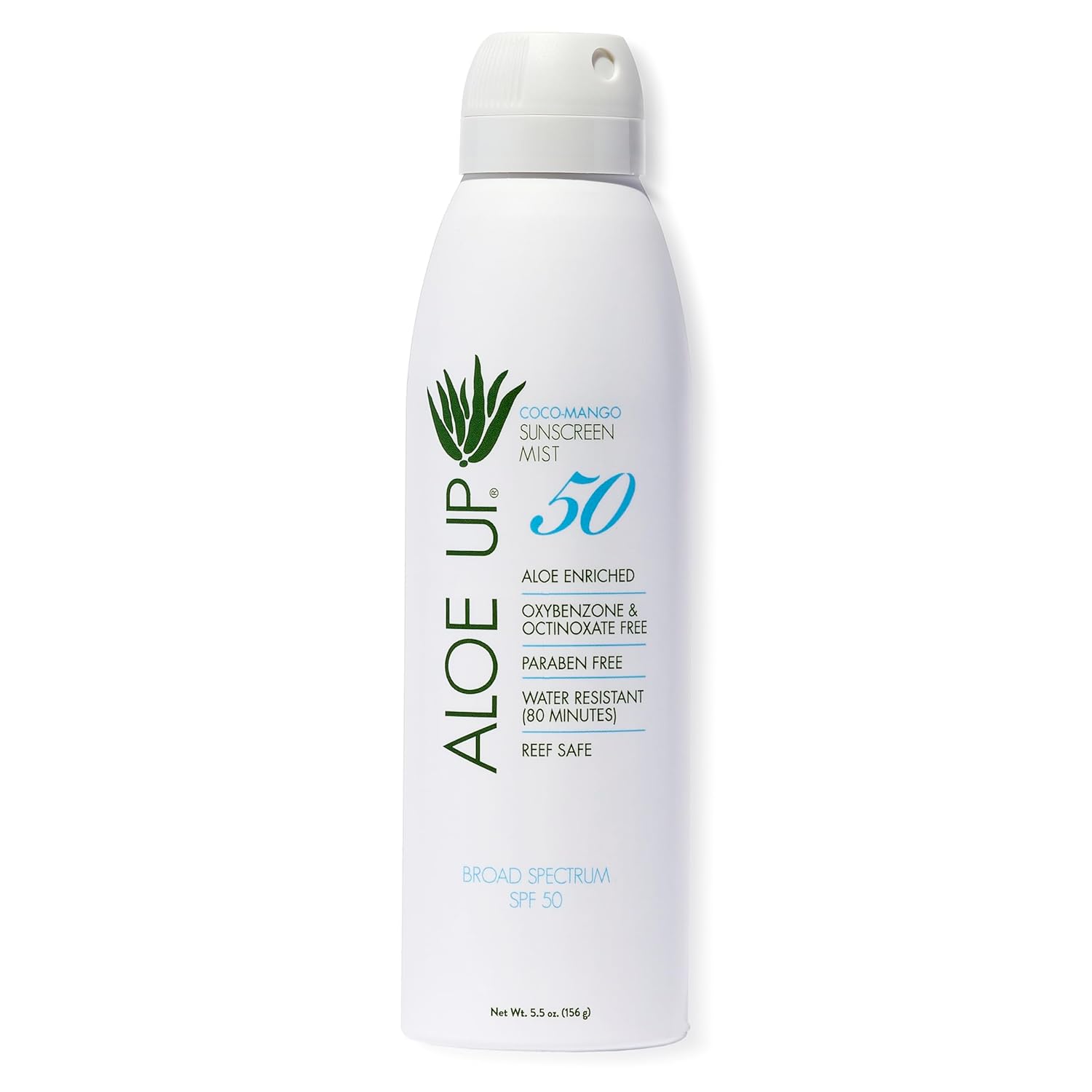Aloe Up White Collection Continuous Sunscreen Spray SPF 50 Broad Spectrum UVA/UVB Sunscreen Protector for Face & Body w/Moisturizing Aloe Vera Gel Reef Safe Coco-Mango Fragrance - 5.5 Fl. Oz