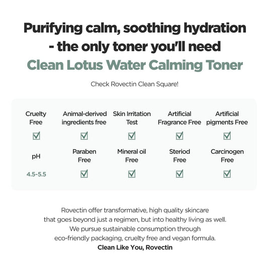 Rovectin Calming Lotus Water Toner - Ph4.7 Extra Soothing And Hydrating For Trouble Care | 40% Lotus Flower Extract For Purifying | Hyaluronic Acid, Alcohol-Free, Vegan, K-Beauty(6.76 Fl Oz)