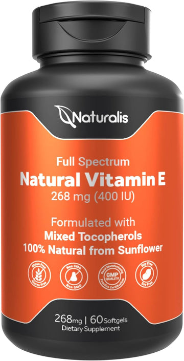 Naturalis Sunflower Vitamin E 268mg (400 IU) with Mixed Tocopherols | Essential Skin Vitamin & Immune Support | Non-GMO, Soy & Gluten Free | 120 Softgels