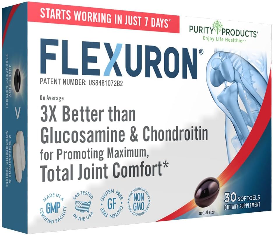 Purity Products Flexuron Joint Formula 3X Better Than Glucosamine and Chondroitin - Starts Working in just 7 Days - Krill Oil, Low Molecular Weight Hyaluronic Acid, Astaxanthin - 30 Count (1)