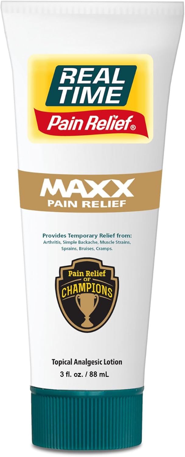 Real Time Pain Relief Maxx 3Oz Tube | 18 Natural Ingredients: Arnica, Menthol & Peppermint | Maximum Strength Muscle Pain Relief Lotion For Arthritis, Hands, Ankles, Back, Shoulders, Knees & Joints