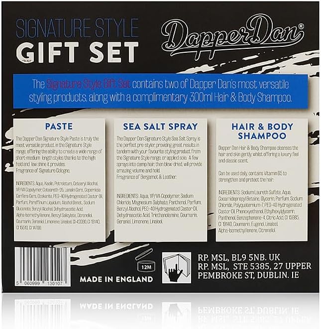 Dapper Dan Signature Style Gift Set, Includes High Hold and Low Shine Signature Style Paste 100ml, Texturizing Signature Style Sea Salt Spray 200ml and Hair and Body Shampoo with Vitamin B5 300ml : Amazon.co.uk: Beauty