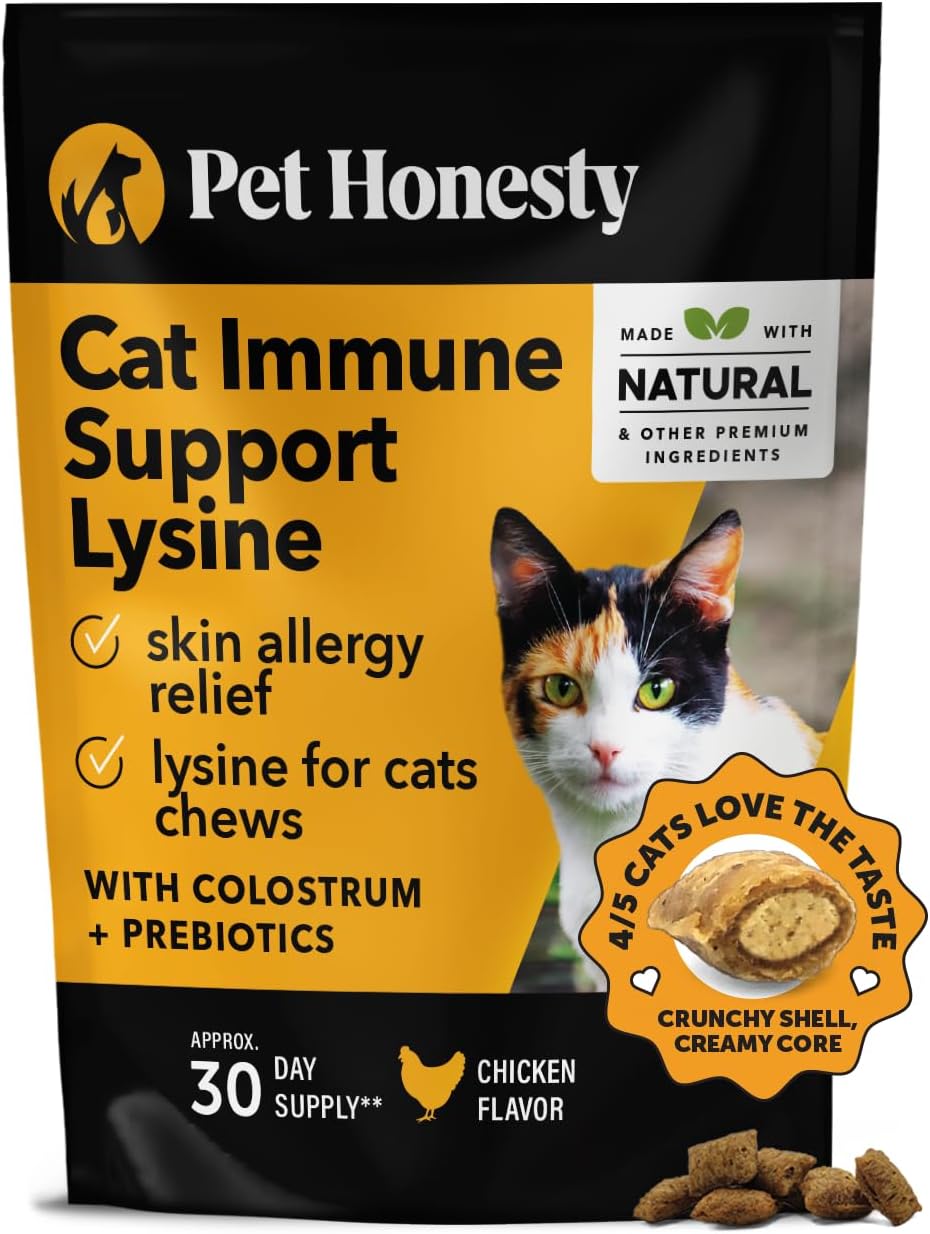 Pet Honesty Cat Immune Support Lysine - Cat Allergy Relief - Sneezing, Runny Nose, Watery Eyes - Cat Supplements & Vitamins With Omega 3S, L-Lysine, Antioxidants, Colostrum - Chicken (30 Day Supply)