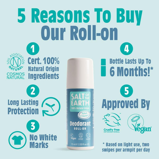 Salt Of The Earth Natural Deodorant Roll On, Vegan, Long Lasting Protection, Leaping Bunny Approved, Cosmos Approved, Made In The Uk, Cloudy, Ginger & Jasmine, 75 Ml