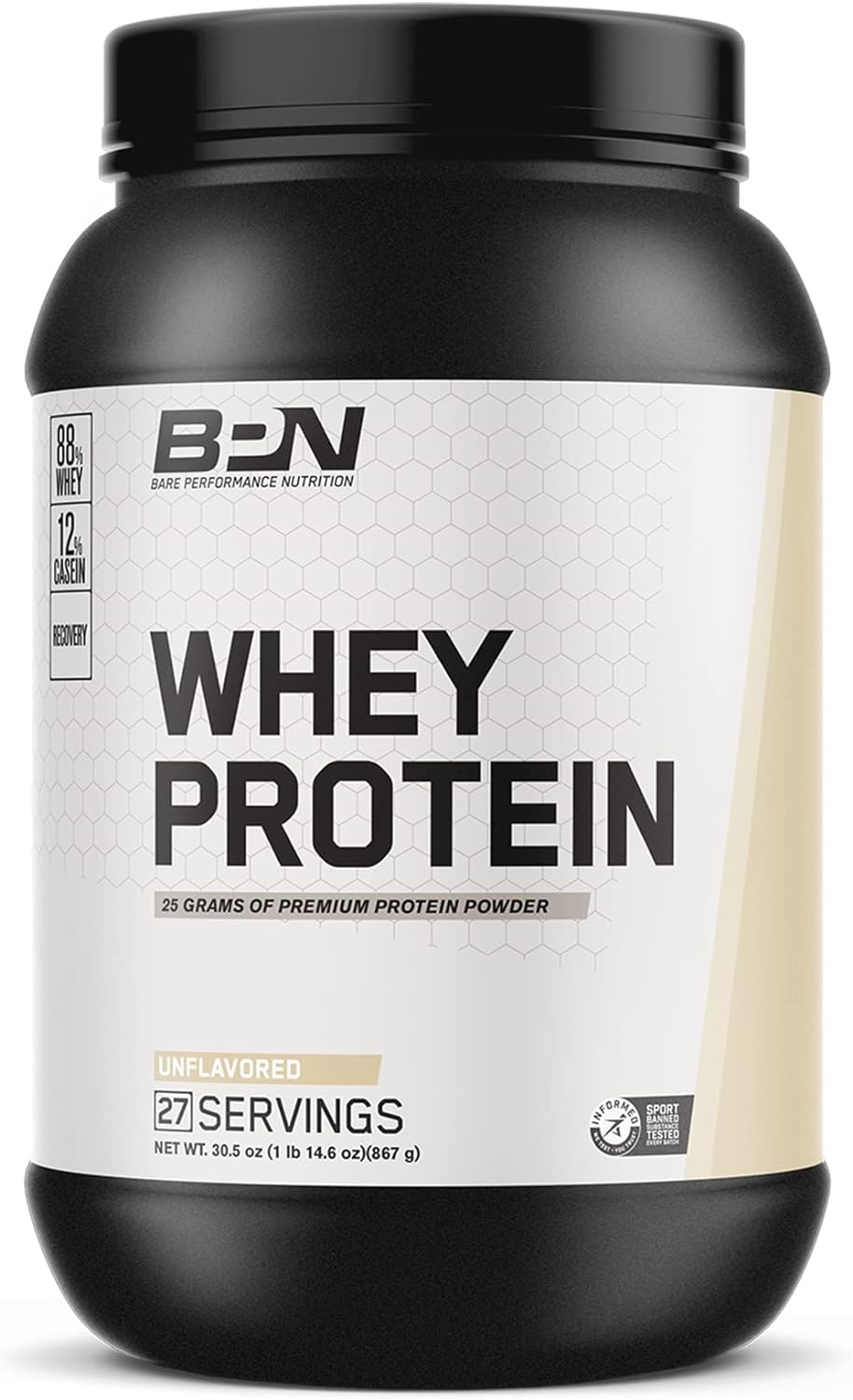 Bare Performance Nutrition, Bpn Whey Protein + Casein Protein Powder Blend, Unflavored, 25G Protein Per Serving Supports Lean Muscle Recovery, 27 Servings, Third Party Tested