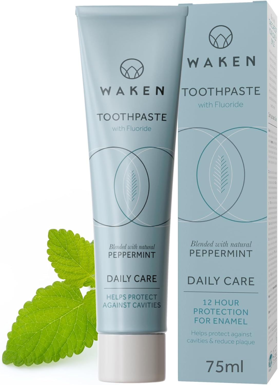 Waken, Peppermint Fluoride Toothpaste, Helps Protect Against Cavities And Reduce Plaque, No Artificial Colours, Thoughtful Packaging, Recycled Aluminium Tube, Vegan Toothpaste, 75Ml