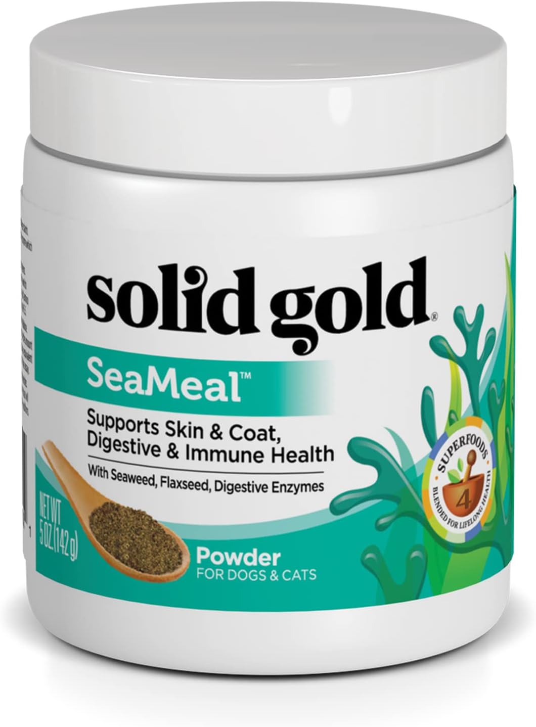 Solid Gold Seameal Cat & Dog Food Topper - Kelp Powder Dog & Cat Multivitamin - Omega 3 & Digestive Enzymes For Skin & Coat, Gut + Immune Support - 5 Oz