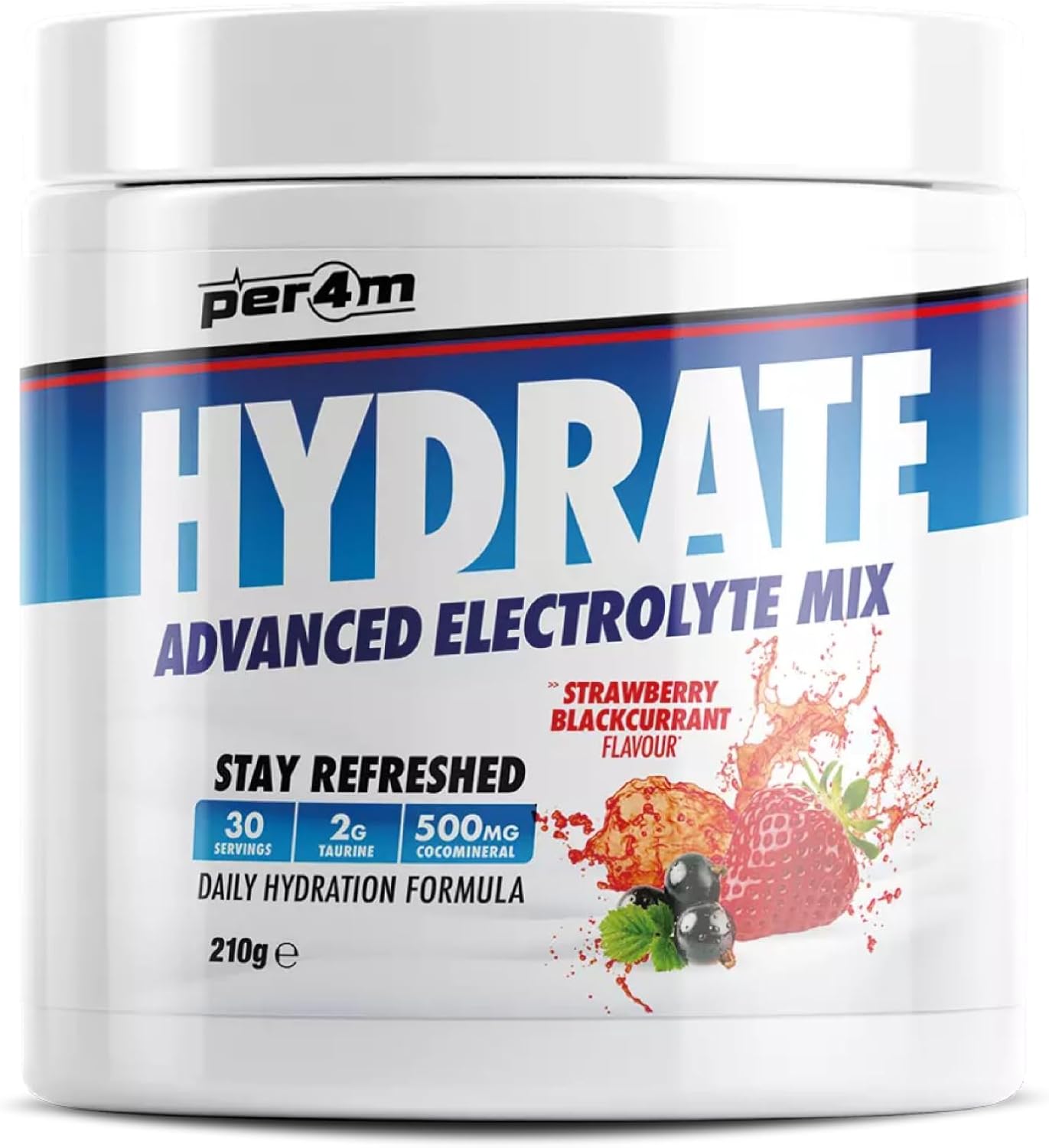 Per4M Hydrate Electrolyte Mix Powder | 500Mg Cocomineral | Replenish Essential Electrolytes | Aiding Muscle Function, Cardiovascular Health, Neurological Support (Strawberry Blackcurrant, 210G)