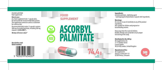 Ascorbyl Palmitate 500mg 120 Vegan Capsules, 3rd Party Lab Tested, High Strength Supplement, No Fillers or Bulkers, Gluten and GMO Free
