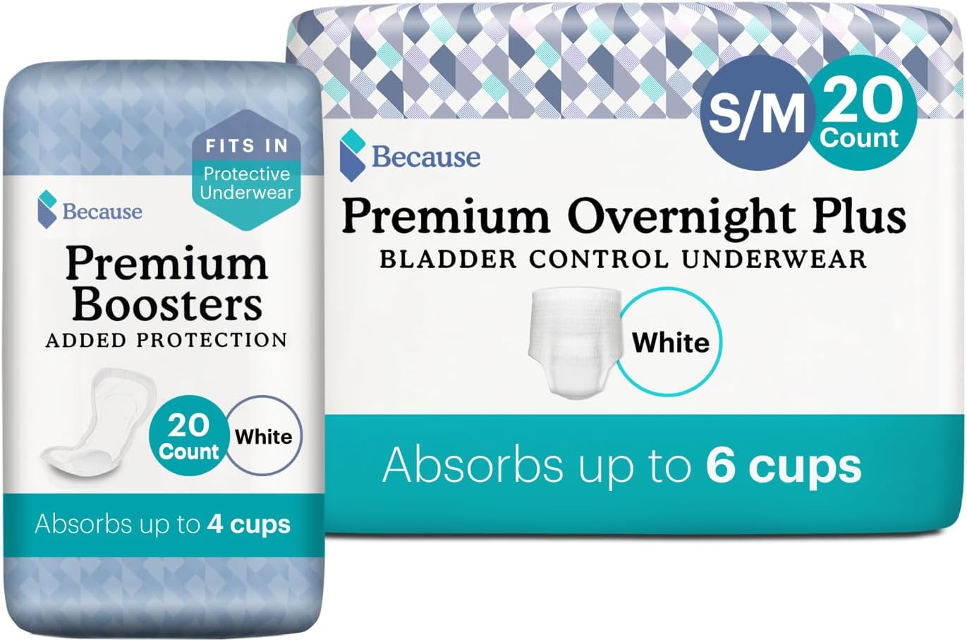 Because Overnight Incontinence Underwear And Booster Pad Bundle For Men And Women | Includes Underwear - White, Size S/M, 20 Count And Booster Pads, 20 Count - Absorbs Up To 10 Cups