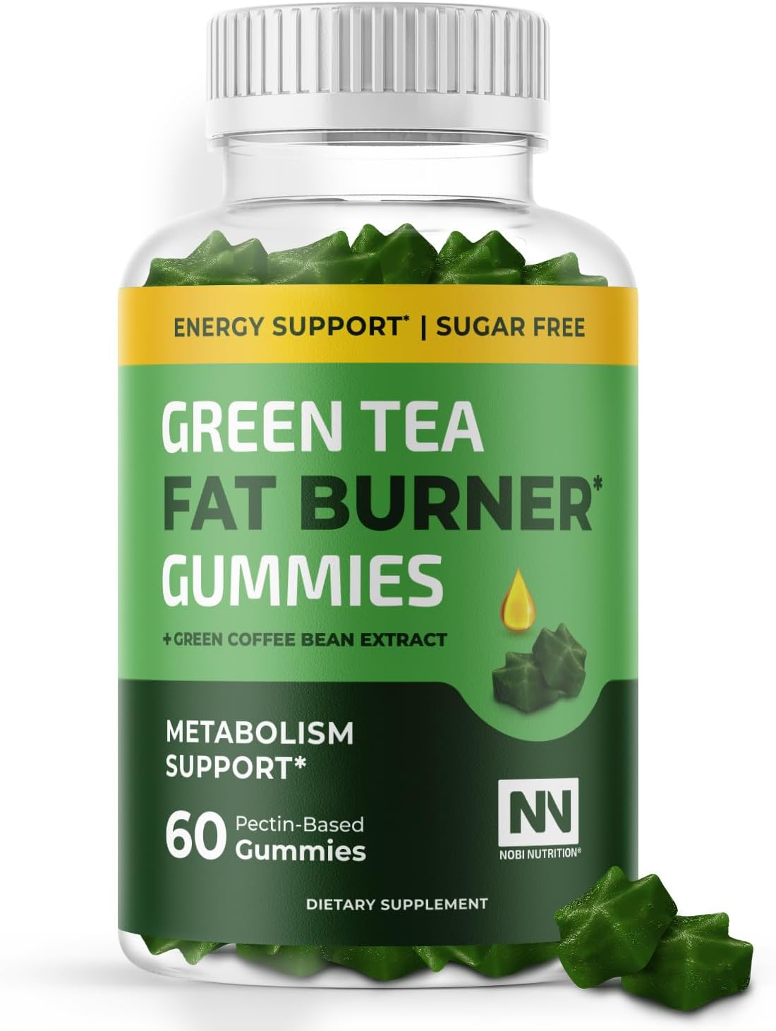 Nobi Nutrition Green Tea Fat Burner Gummies For Weight Loss | Metabolism Boost & Appetite Suppressant With Green Coffee Bean Extract & Garcinia Cambogia | Pills To Burn Belly Fat For Women & Men