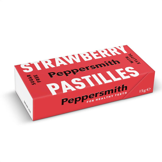 Peppersmith - Strawberry Pastilles - Vegan - Sugar Free - Breath Freshener - 100% Plant Based Xylitol - Benefits Oral Health - Pocket Packs - 12x15g