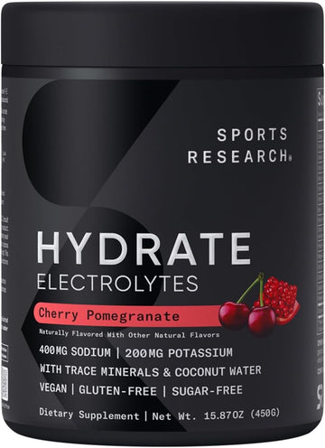 Sports Research® Hydrate Electrolytes Powder - Sugar-Free & Naturally Flavored With Vitamins, Minerals, And Coconut Water - Supports Hydration - Cherry Pomegranate - 90 Servings