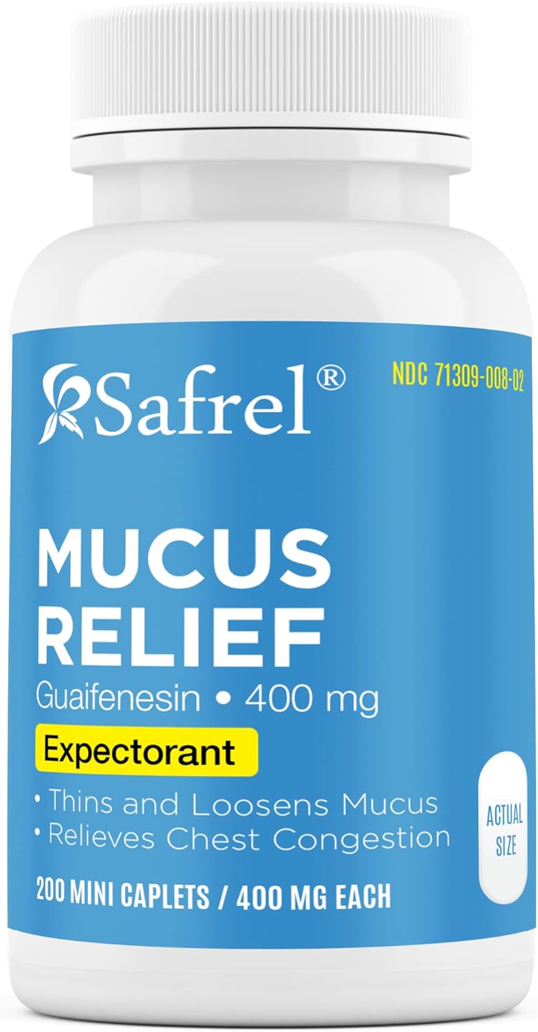 Safrel Pharma Mucus Relief Guaifenesin 400 Mg - Fast Acting Expectorant, Thins And Loosens Mucus, Relieves Chest Congestion, Cough, Cold And Flu | Compare To Mucinex Tablets (200 Count (Pack Of 1))