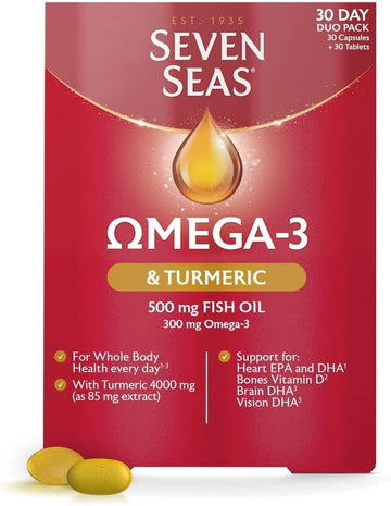 Seven Seas Omega-3 Fish Oil Turmeric, With 500 Mg Fish Oil + 300 Mg Omega-3, 60 High Strength Tablets With Vitamin D & 250 Mg Epa & Dha, Whole Body Health+, Duo Pack: 30 Capsules + 30 Tablets