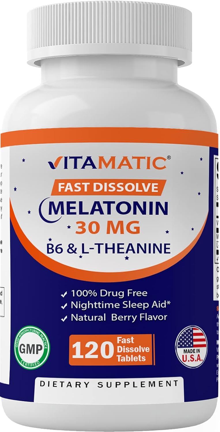 Vitamatic Melatonin 30mg - with B6 & L-Theanine - 120 Fast Dissolve Tablets with Natural Berry Flavor (2 Tablets Dose = Melatonin 60mg) (120 Count (Pack of 1))