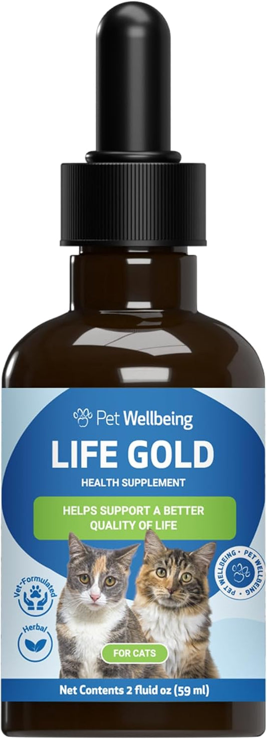 Pet Wellbeing Life Gold For Cats - Immune Support, Antioxidants, Detoxification, Cellular Health, Astragalus, Blessed Thistle, Sheep Sorrel - Veterinarian-Formulated Herbal Supplement 2 Oz (59 Ml)
