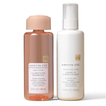 Kristin Ess Hair Deep Clean Clarifying Shampoo + Weightless Shine Leave In Conditioner Spray | Cleanse Build Up + Volumize Oily Hair | Shine Enhancing | Deep Moisture Leave In Conditioner Detangler