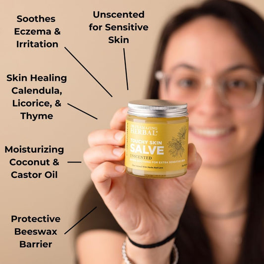 Touchy Skin Salve, Eczema Cream For Kids And Adults, Natural Sensitive Skin Treatment, Itch Cream, Calendula Ointment, 4 Oz