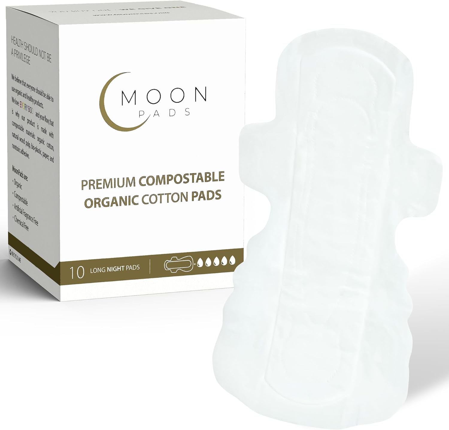 MoonPads Long Night 10 Premium Organic Cotton Ultra Thin Sanitary Pads Wings For Women-Sensitive Skin,100% Biodegradable,Overnight Absorbency Pad,Hypoallergenic,BPA-Free,Vegan & Cruelty-Free,Non-Toxic