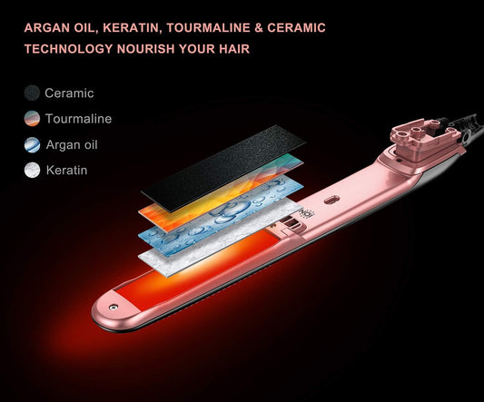 Ionic Flat Iron For Hair, Argan Oil Keratin Infused Ceramic Hair Straightener And Curler, Dual Voltage Flat Curling Iron, 450 ? Digital Instant Read Temperature Control Hair Iron Rosa Pink