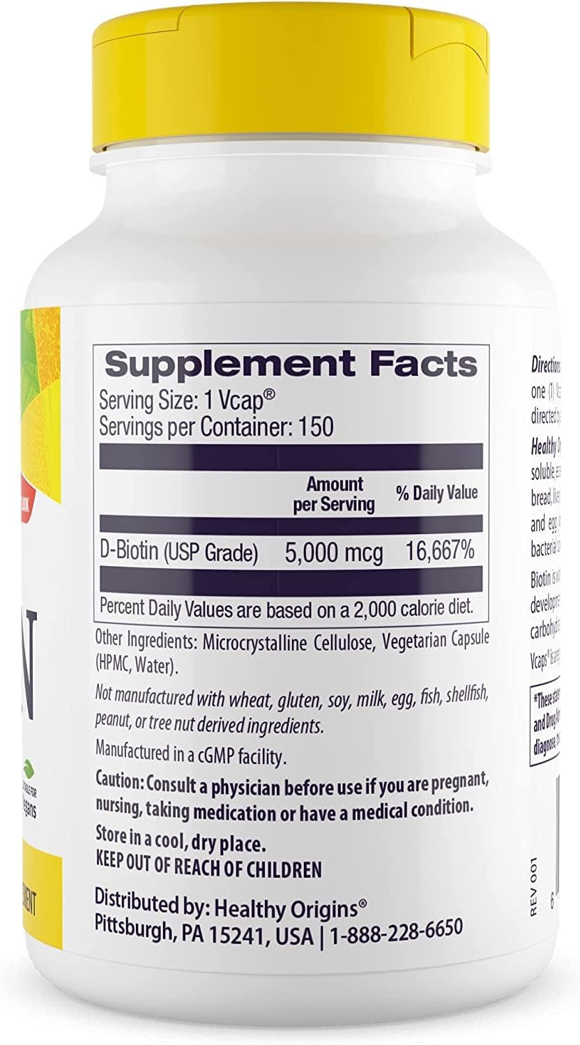Healthy Origins Ultra-Potency Biotin (B7), 5,000 mcg - Supports Skin, Hair & Nails - High-Grade Vitamin B7 - Non-GMO, Gluten-Free Biotin for Vegans - 150 Veggie Capsules