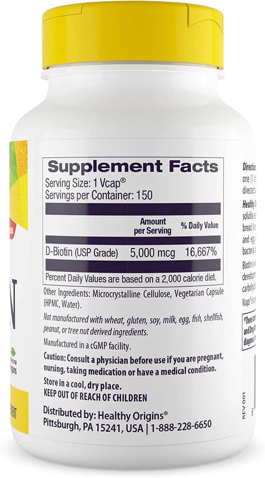 Healthy Origins Ultra-Potency Biotin (B7), 5,000 mcg - Supports Skin, Hair & Nails - High-Grade Vitamin B7 - Non-GMO, Gluten-Free Biotin for Vegans - 150 Veggie Capsules