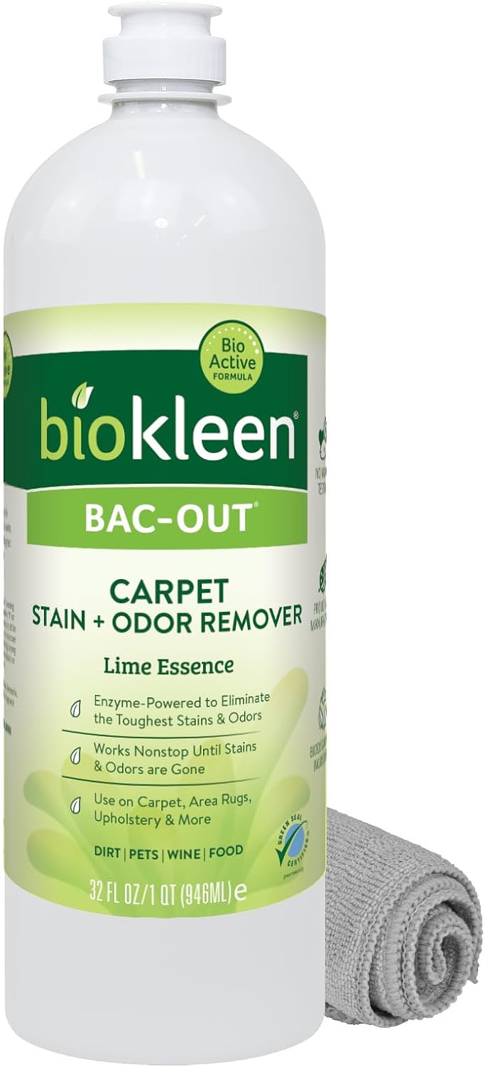 Biokleen Bac-Out Natural Stain Remover for Clothes - Use on Laundry, Diapers, Wine, Carpets, and More, Enzymatic, Plant-Based, 32 Oz With Micro-Fiber Cleaning Towel Included