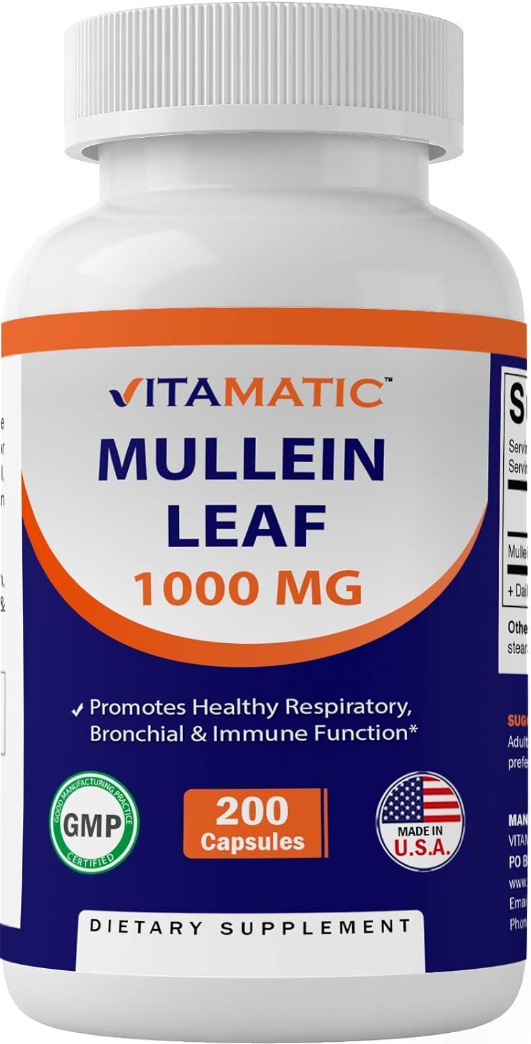 Vitamatic Mullein Leaf 1000mg per Serving - Supports Healthy Respiratory, Bronchial & Immune Function - 200 Capsules