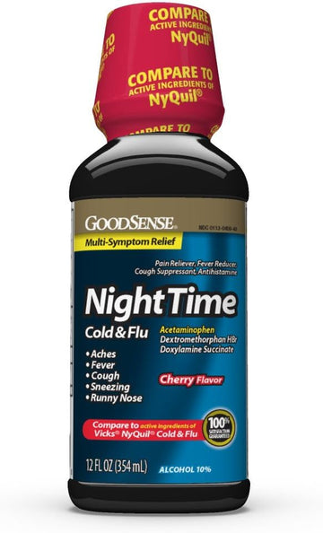 Goodsense Nighttime Cold And Flu Liquid Medicine, 6 Hour Relief Of Fever, Sore Throat, Sneezing, Runny Nose, Cough And Aches, Cherry Flavor, 12 Fl Oz